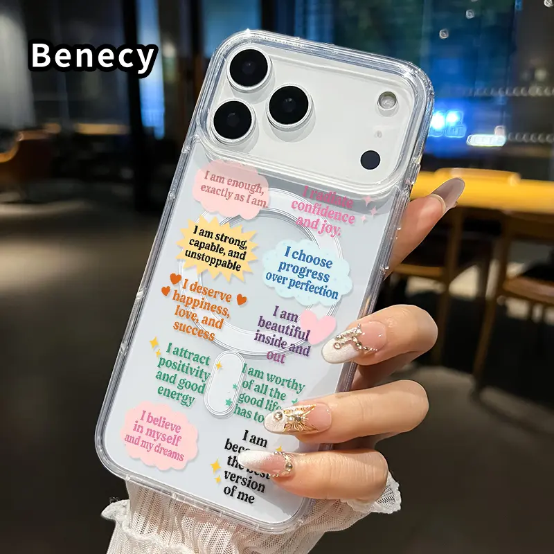Magnetic Phone case for iPhone 17 16  Pro Max Plus 15 14 13 12 11 Air E Self - affirmation Poem Pattern Non-Yellowing Shockproof Soft Silicone Transparent Acrylic Large Hole Cover Supports Wireless Charging