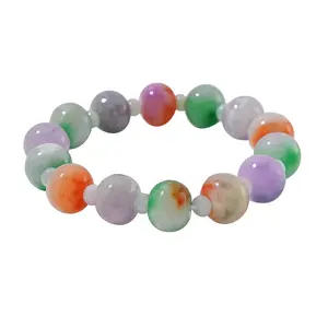 Multi Color Jade 300.00 ctw Carved Beaded Stretch Bracelet 6.5-7In