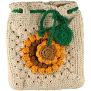 Handwoven Drawstring Crochet Shoulder Bag Versatile Shoulder Bag Personalized Sunflower Knitted Bag