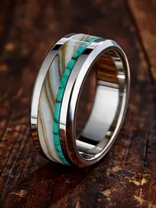 Men's Fashion 8MM Luxury Agate Stone Inlay Steel Ring Women Wedding Band Polished Stainless Steel Rings Party Accessories Gift