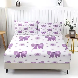 3pcs Purple Bow and Polka Dot Print Fitted Sheet Set, Breathable, Wear-Resistant, And Adjustable Woven Bedding Set. A Fresh And Natural Washable Mattress Cover Protector for Sweet Style Bedroom Decor, Available in Multiple Sizes.