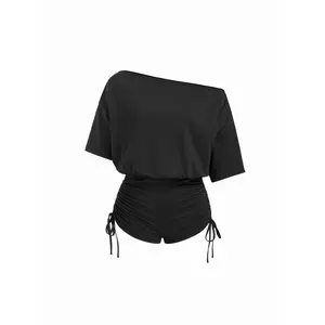 Cider Off-Shoulder Drawstring Ruched Romper Cider Off-Shoulder Drawstring Ruched Romper