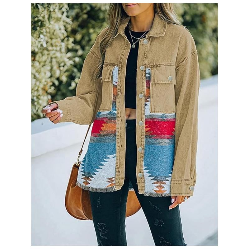 Women'S Vintage Western Jeans Jacket - Long Sleeve Button-front coat with, Non-Symmetric Patchwork design in Blue/Red/Beige/Black/White/Gray/, Mid-Length Transitional Jacket for Spring/Fall Casual Formal Outfits - Retro Western Style Outerwear, Denim Jack