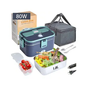 Electric Lunch Box, 80W Stainless Steel Electric Heating Lunch Box With 1.8L Container 0.45L,12V 24V 110V Portable Food Warmer Heater For Car/Truck/Home