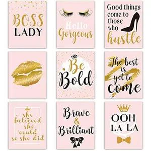 9 Pcs Inspiration Wall Decor for Women, Pink and Gold Makeup Lash Lips Wall Art Poster, Motivational Quotes Fashion Prints for Women Bathroom Bedroom Home Decor, 8 x 10 Inch, Unframed
