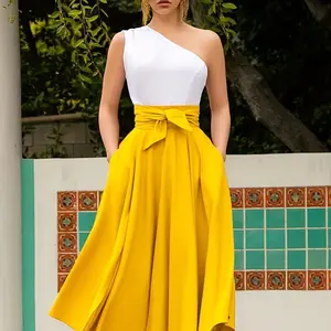 Women's High Waist Bow Tie Long Skirt Solid Yellow Color Elastic Waist Elegance Flowy Swing Skirts Lightweight Vacation Casual Trendy Skirt Bottoms Belted Design