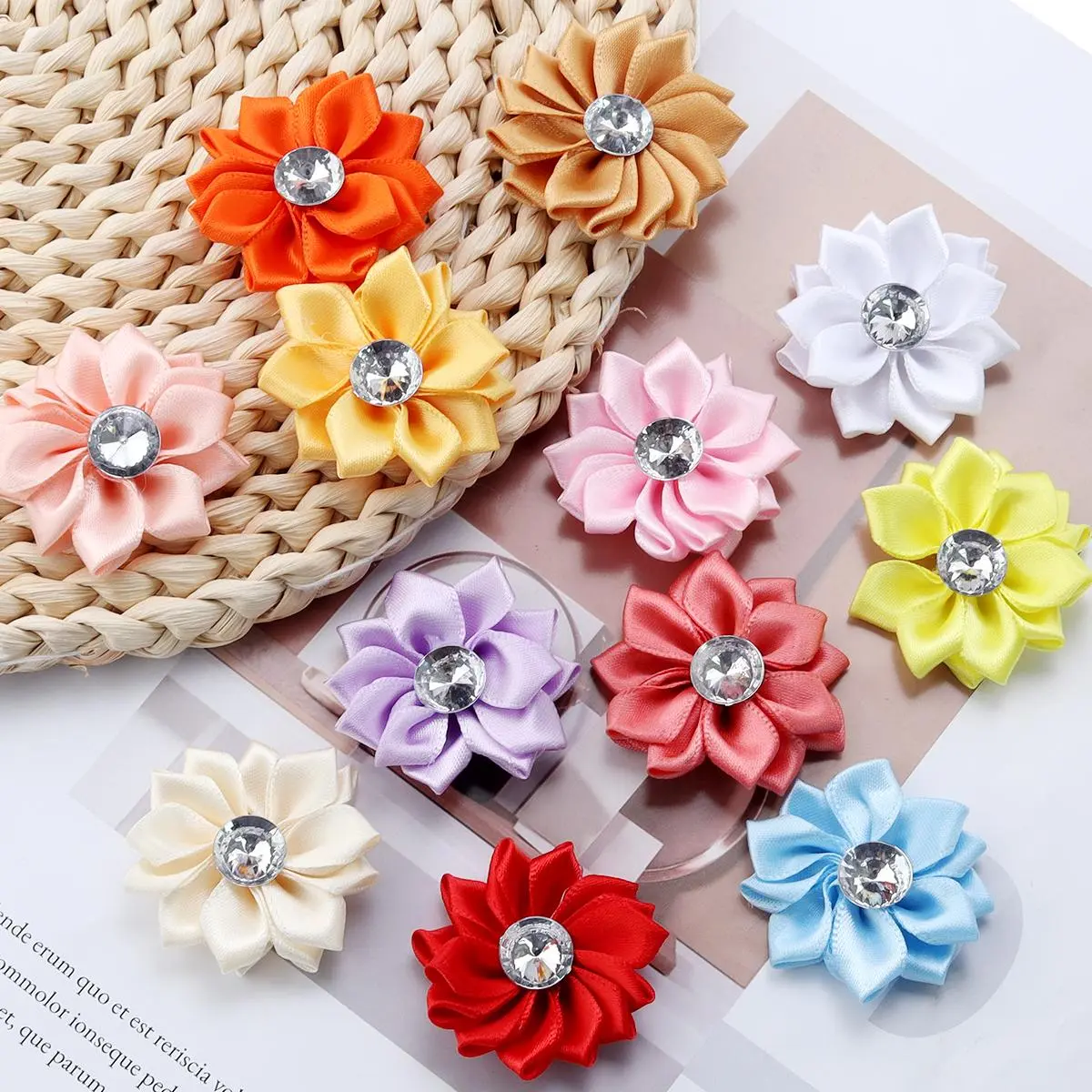 20pcs/lot Rhinestone Lotus Flowers Head Patch Applique Colorful Satin Ribbon Artificial Flowers DIY Wedding Dress Headwear Decor
