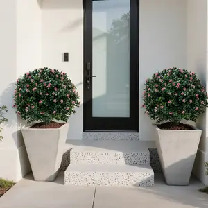 2PCS Artificial Boxwood Topiary Ball with Small Flowers | 24" Tall Faux Greenery with Ground Spikes for Indoor Outdoor | No Water Fake Bush for Patio Porch Garden
