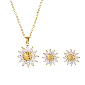 OIDEA Daisy Necklace Earrings Set for Women 4 Pcs Cubic Zirconia Flower Pendant Choker Stud Earring Jewelry Set Gold