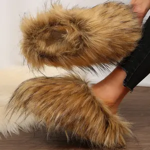 Faux Plush Platform Slippers for Women Trendy Plush Round Toe Slides Comfortable Casual Shoes