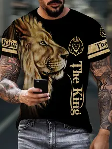Men's black lion pattern T-shirt - 3D printed, casual outdoor sport streetwear stylish short sleeve T-shirt, with "THE KING" and crown design, polyester fiber, machine washable, lion T-shirt