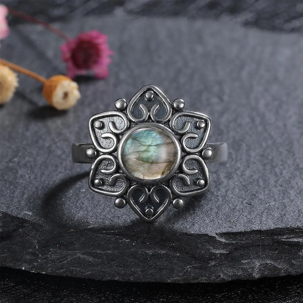 Natural Labradorite Ring Silver Jewelry Ring for Women Men Sun Shape Vintage Finger Ring Party Luxury Gift