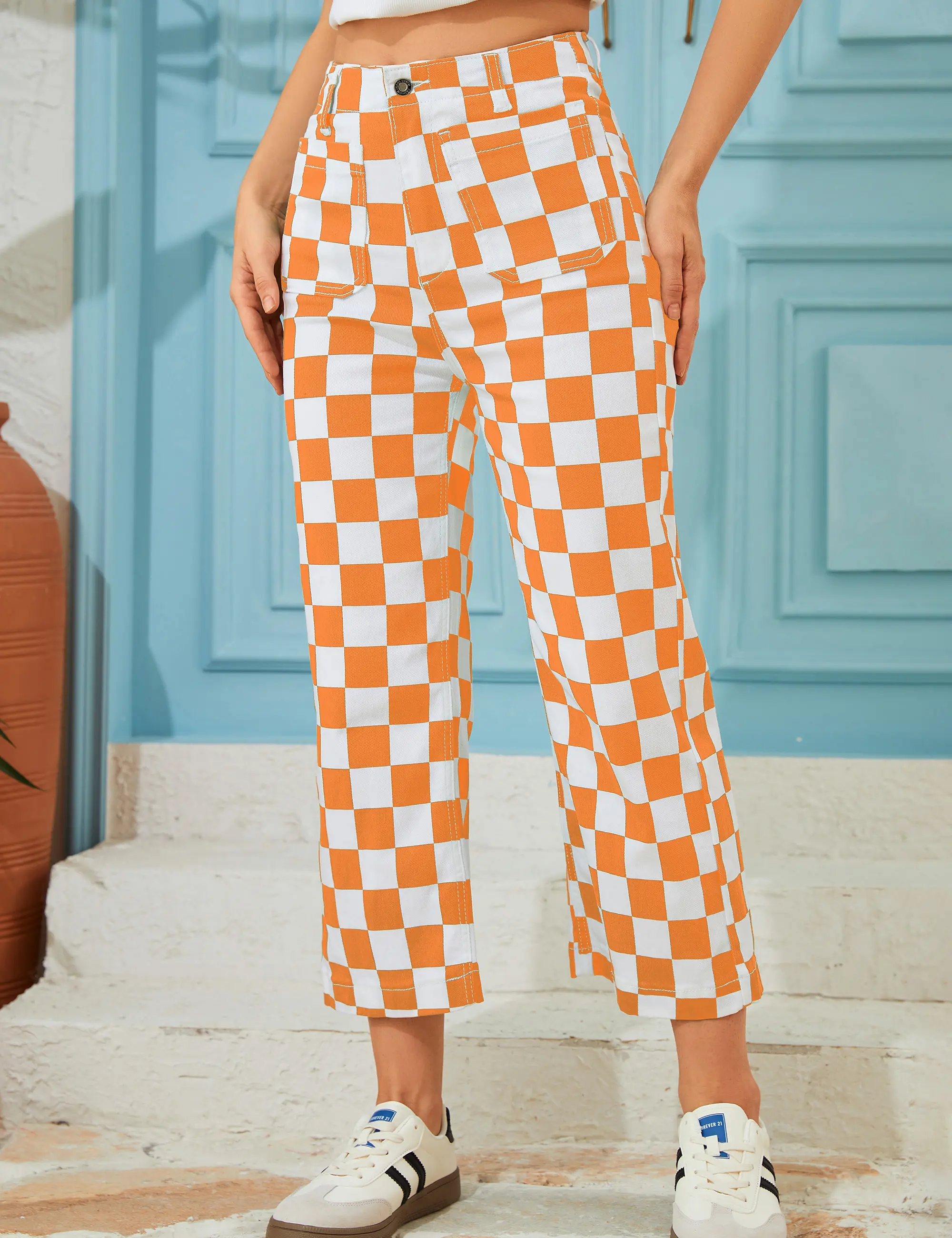 【USED】Checkered cropped pants ODEFOU Women's Checkered Stretchy Denim Cropped Fitted Jeans