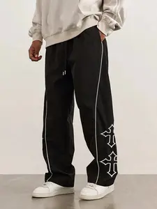 New Men's Long Pants Casual Sports Regular Fit Drawstring Waist Cross Print, Outdoor & Travel Wear, Comfortable Daily Use