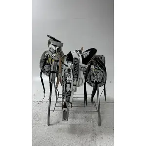 Charro Saddle – Black & White Embroidered Leather (15.5”) “La Versace”