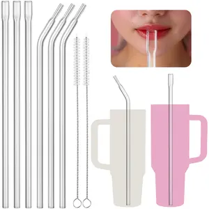 NiHome 6PCS Reusable 12" Anti-Wrinkle Flat Tip Borosilicate Glass Straws for 30oz & 40oz Stanley Cups, Straight & Bent Set, Reduces Lip Lines, Eco-Friendly, Dishwasher Safe, Non-Toxic Drinking Straws