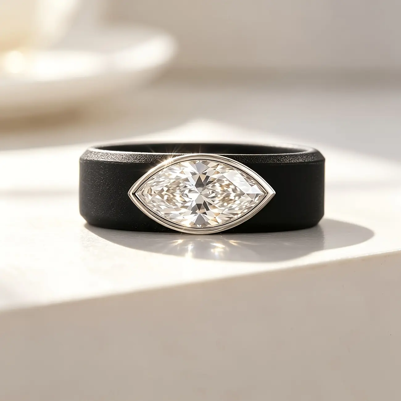 Shiny Removable Marquise Cut CZ Silicone Band Black Wide Soft Ring Rose Gold Silver Bezel Ladies Mens Daily Party Jewelry
