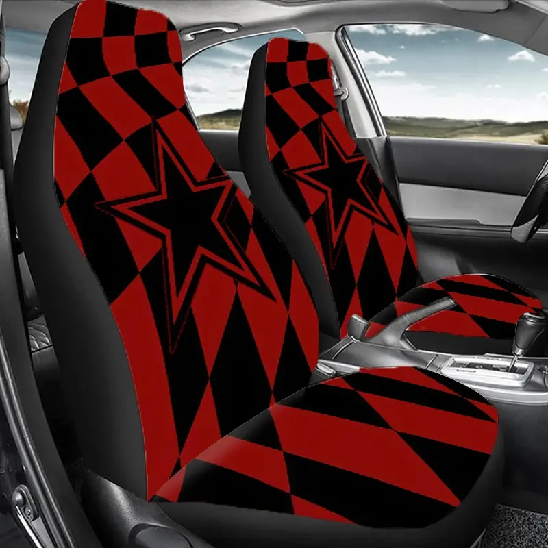 1 Set Red Black Checkered Star Car Seat Protector Universal All - Year, 2pcs/5pcs High - Back Red Black Checkered Star Car Seat Covers, Universal Fit Car Seat Protector, Car Decor, Car Accessories Interior, Easy Care Machine Washable Polyester, Gift for F