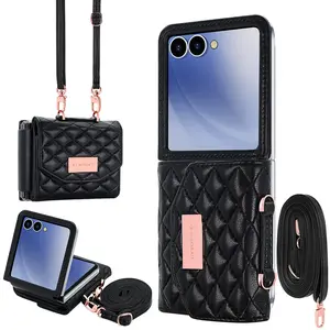 For Z Flip 7 PU Leather Wallet Phone Cases Cover With Long Cross body Strap, Gilrs Purse Phone Case For Samsung Galaxy Z Flip 6 5 4 3， Black