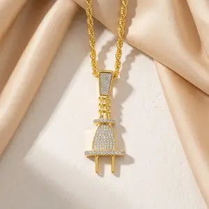 Iced Medium Plug Pendant, 4mm Rope Chain, 24" Length Costume Jewelry Charm Accessory