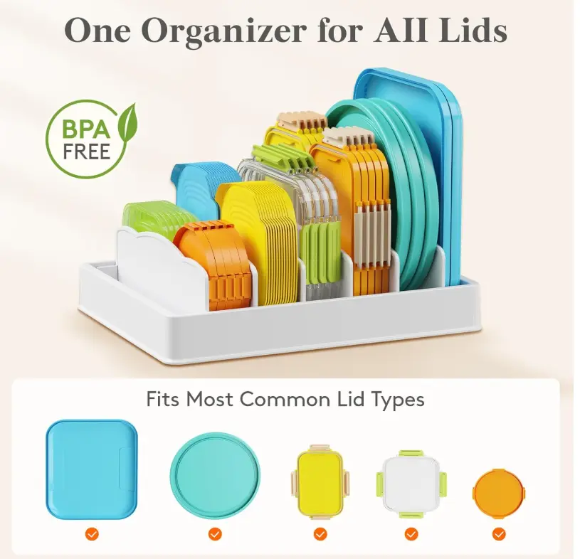 Lifewit Kitchen Cabinet Organizer for Food Contanier Lid with 7 Sections | Lid Holder with 6 Adjustable Dividers for Pantry Organizers and Storage, Home Drawer Organization, White, Large, 13" x 10"