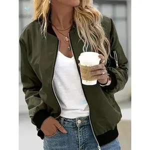 Women’s Zip-Up Bomber Jacket, Casual Long-Sleeve Baseball-Collar Outerwear for Spring & Autumn, Women’s Clothing for Everyday Wear