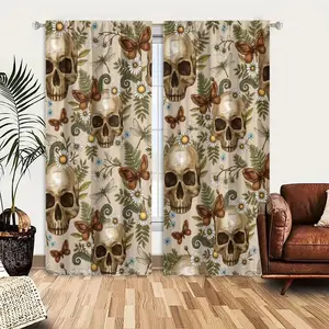 2pcs Window Curtains, A seamless pattern with human skulls, butterflies, dragonflies, ferns, and daisies on a beige background, giving a gothic botanical feel.Window Drapes for Bedroom Living Room, Rod Pocket Window Treatment