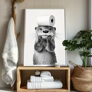 2D Flat, A Cute Otter with Toilet Paper on Its Head, a Minimalist Black And White Style Otter Bathing in The Bathroom, Bathtub Wall Decor, a Face-Holding Otter As a Charming Bathroom Decoration, Living Room, Bedroom Poster