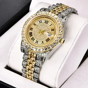 Luxury Quartz Men's Watch Set with Rhinestones and Cuban Chain Bracelet