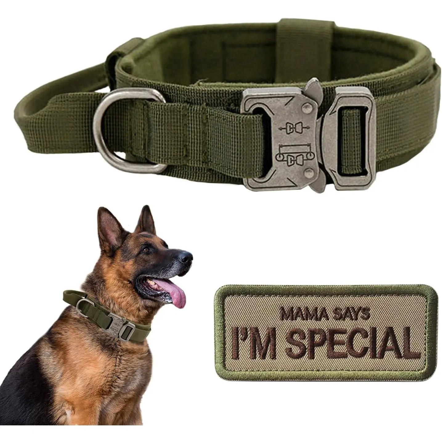 Tactical Dog Collar with Handle - Military Adjustable Dog Training Collar Soft Nylon and Heavy Duty Metal Buckle for Medium Large Dogs - with Patch (Green, Large)