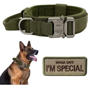 Tactical Dog Collar with Handle - Military Adjustable Dog Training Collar Soft Nylon and Heavy Duty Metal Buckle for Medium Large Dogs - with Patch (Green, Large)