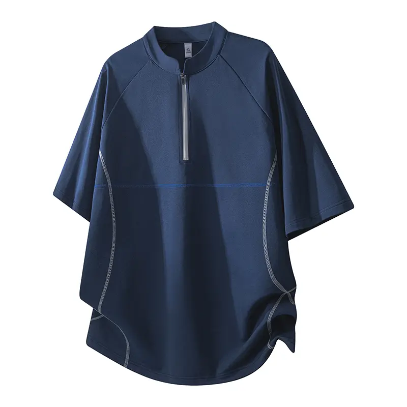 Men's Loose Fit T-Shirt, Polyester Half-Zip with Mandarin Collar and Contrast Raglan Sleeves - Breathable Athletic Wear for Summer Gym, Everyday Wear