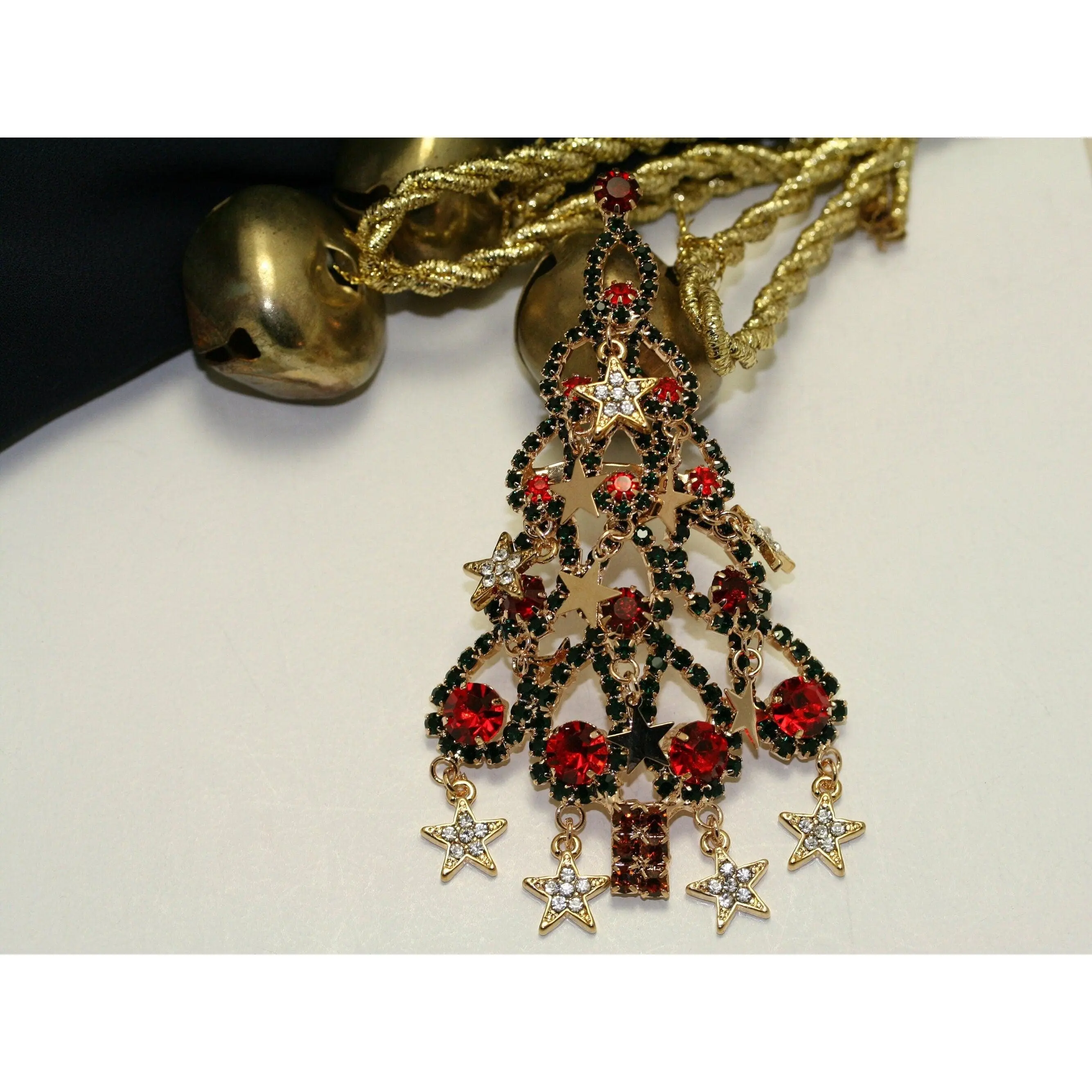 Vintage Christmas Tree Brooch, Large 5-Tier Design with Dangle Stars, Red & Green Prong-Set Rhinestones, 3.75-Inch Holiday Jewelry, 3.75" H X 2.5" W, Fashion, Five Tiers