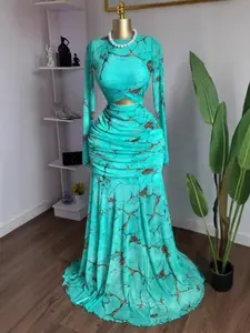 PULKRITU Winter Autumn Women's Round Neckline Long Sleeve Printed Cutout Front Fitted Mermaid Maxi Dress, Evening Party Birthday Beach Sexy Night Out Long Dress, Dressy Long Sleeve Stacked A-line Dresses, Trendy Elastic Streetwear Holiday Clothing, Chic