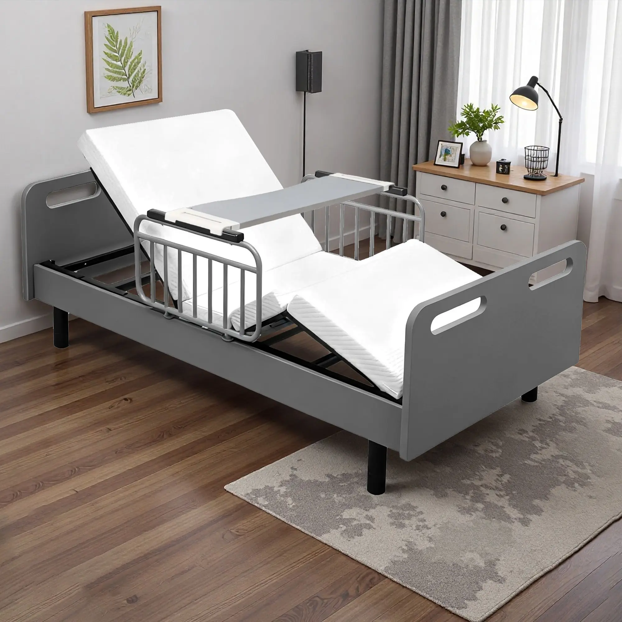 Homecare Electric Adjustable Bed – Quiet OKIN Motor, Wired Remote, Memory Foam Mattress, Safety Side Rails, Detachable Overbed Table, Carbon Steel Frame, MDF Panels, Choice of Gray or White