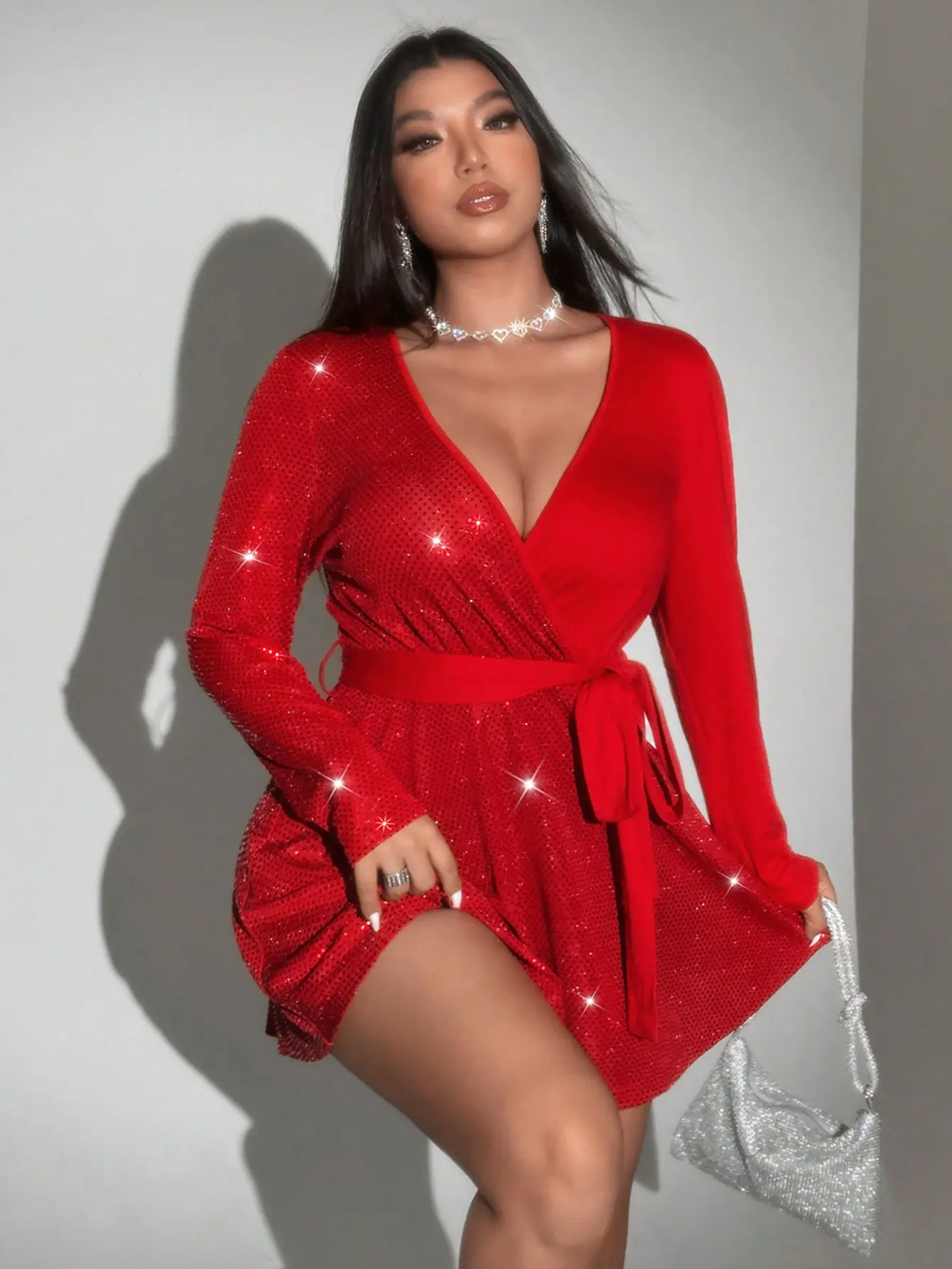 Plus Size Sequin Wrap V-Neck Red Party for Confident Women Holiday New Year  Night Out Glam Look Formal Sparkly Design Sleeve Strap Bodycon Dress Long  Elegant Hem - TikTok Shop