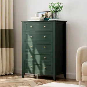 5 Drawer Dresser for Bedroom, Green Dresser with Deep Drawers & Metal Knobs, Tall Modern Wooden Chests of Drawers for Entryway, Hallway