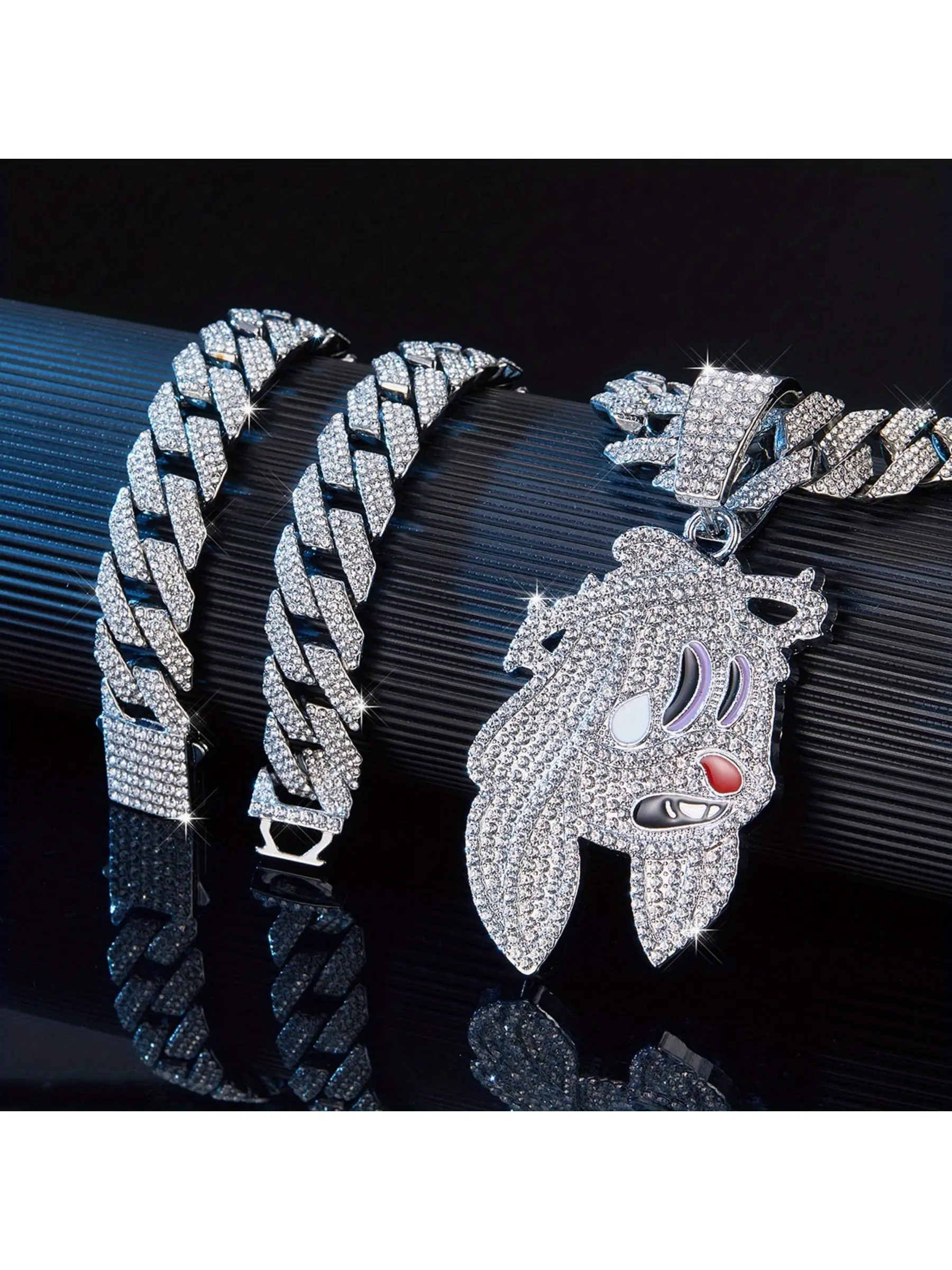 A set of hip-hop cartoon pendant necklaces; a cool Iced Out Cuban Link Design chain for street fashion lovers to attract attention.
