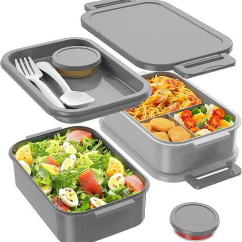 Durable Bento Box - Classic PP Plastic 3-Layer Stackable 72oz Large Capacity Anti-Leak Meal Prep Container with Sauce & Divided Storage, Microwave Safe Tableware, Cute Grey Lunch Box Accessories for Adults (Work, Packing Lunch for My Kid)
