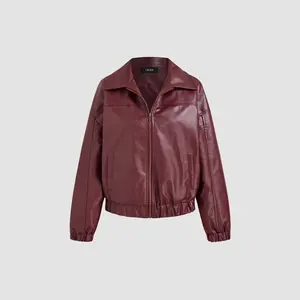 Cider [size 0-10] Faux Leather Collar Solid Pocket Zipper Bomber Jacket