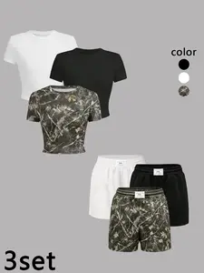 3 sets of sets, summer women's solid color and tree pattern camouflage short top and shorts combination, with letter waist logo elastic waist and diagonal pocket design, casual, breathable and comfortable, suitable for yoga gym exercise and running wear