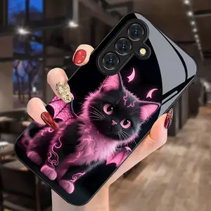 Phone Case - Cute Devil Cat Pattern, Compatible with Samsung Galaxy S26 S25 S24 S23 S22Pro S21 S20 Fe Plus Ultra Pro A56 A55 A54 A53 A52 A51 A36 A35 A34 A32 A26 A25 A24 A23 A16 A15 A14 A06 A05 A03s, Glass Shockproof Durable Sturdy Phone Case for Smartpho