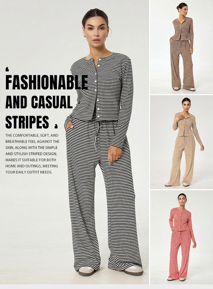 KatchMe Women's Casual Stripe Button Long Sleeve Top & Drawstring Waist Wide Leg Trousers Co-ord, Cozy Two Piece Set for Lady Spring & Fall