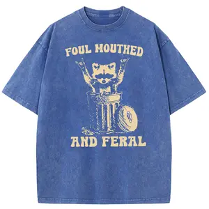 Holafish Oversize Acid Wash T-Shirt,Foul Mouthed And Feral T-Shirt.Funny Raccoon.Heavyweight Cotton Streetwear graphic vintage Crewneck Tee
