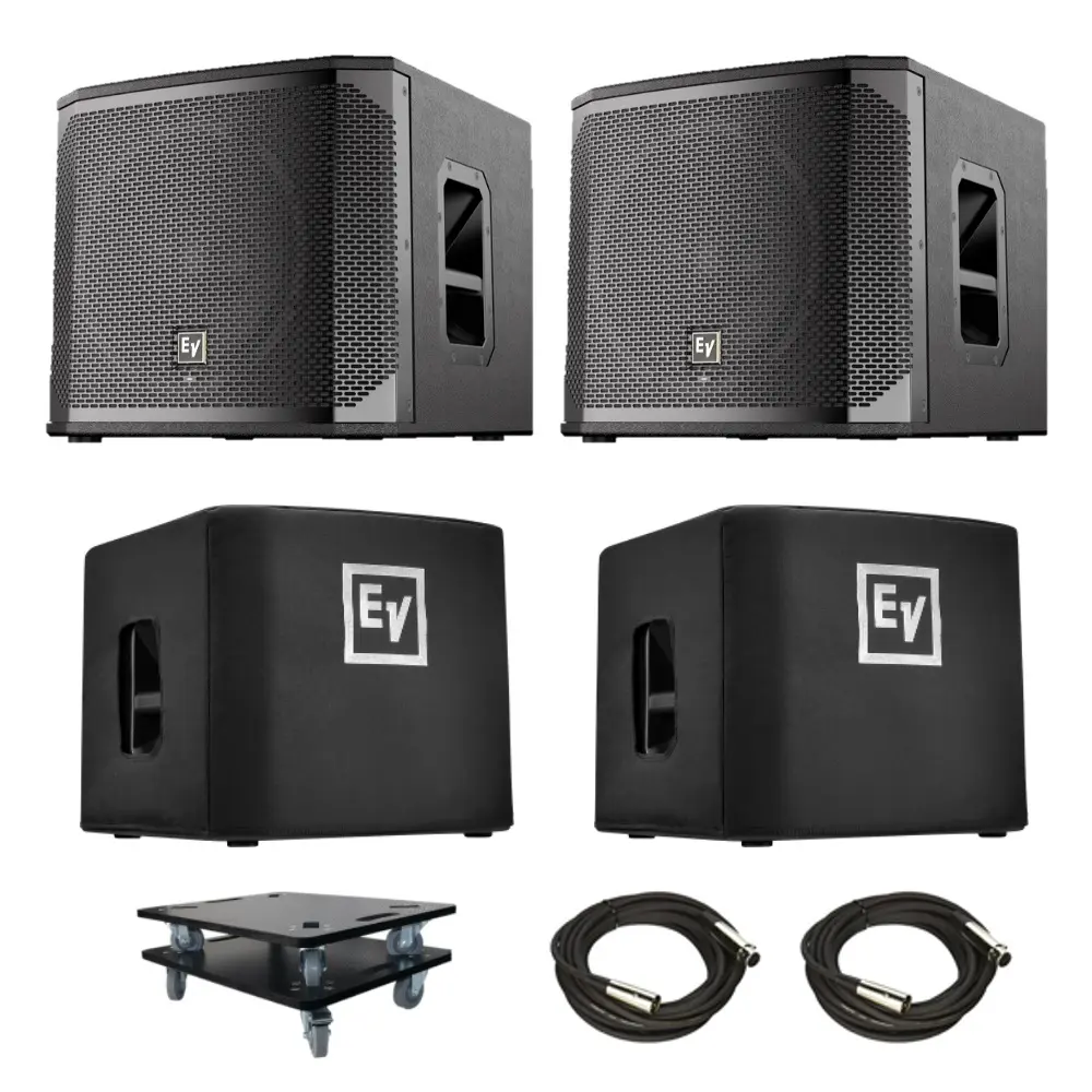 2x Electro-Voice ELX200-12SP 12" powered sub + dollies, covers, cables