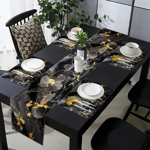 1/5/7 piece set of black and gold floral marble table flags+placemat set, artistic design rectangle tablecloth, holiday party kitchen restaurant decoration, home decoration, suitable for coffee shops, dining table decoration