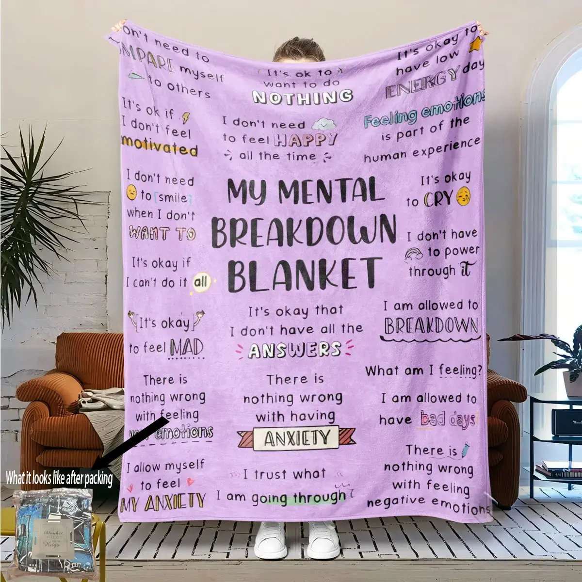 Funny Mental Breakdown Slogan Flannel Throw Blanket - Wrinkle-Resistant, Durable, All-Seasons, Machine-Washable, Moody Quote Print with Relatable Humor Artwork, Soft Cozy Bed Couch Cover, Christmas Birthday Gift