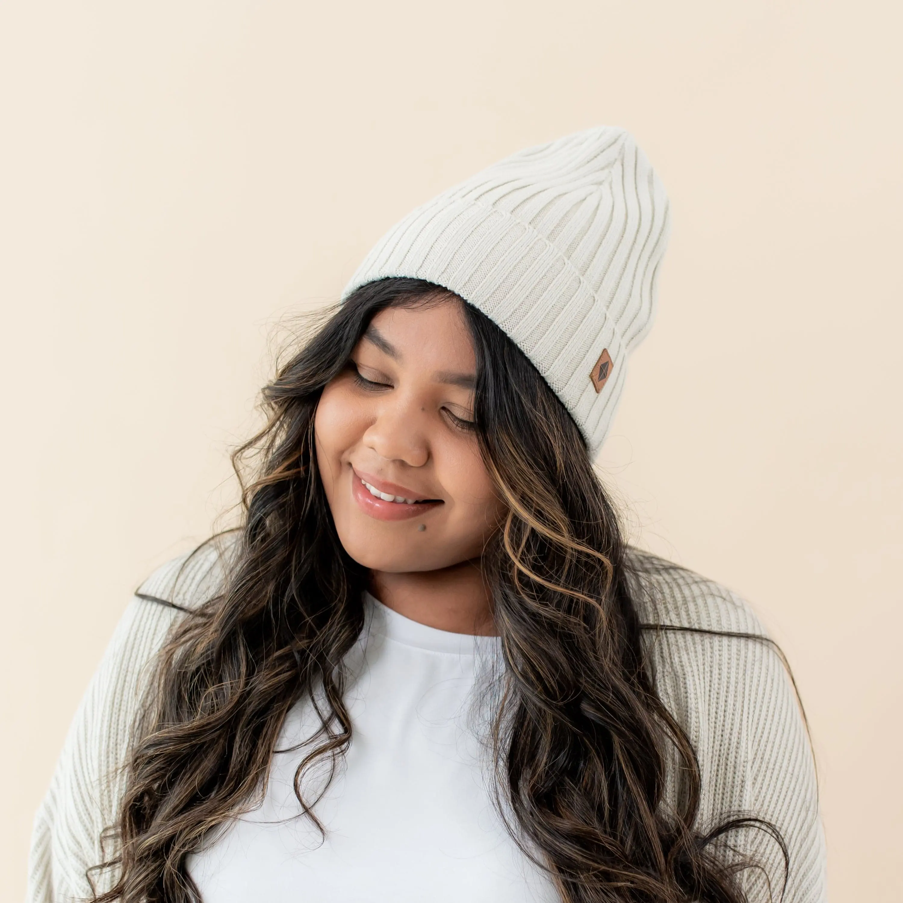 Chunky Ribbed Knit Beanie in Oat, Soft Bamboo Viscose Blend Slouchy Hat for Adults, Stretchy Universal Fit for Winter, Chunky Knit Hats, Ribbed Knit Hats