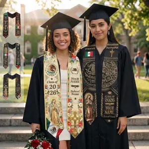 Custom Mexican Flag Graduation Stole 2026 - Personalized Name & School Sash - Aztec Pattern & Virgin Mary Heritage Class of 2026 (Adult & Kids Sizes)