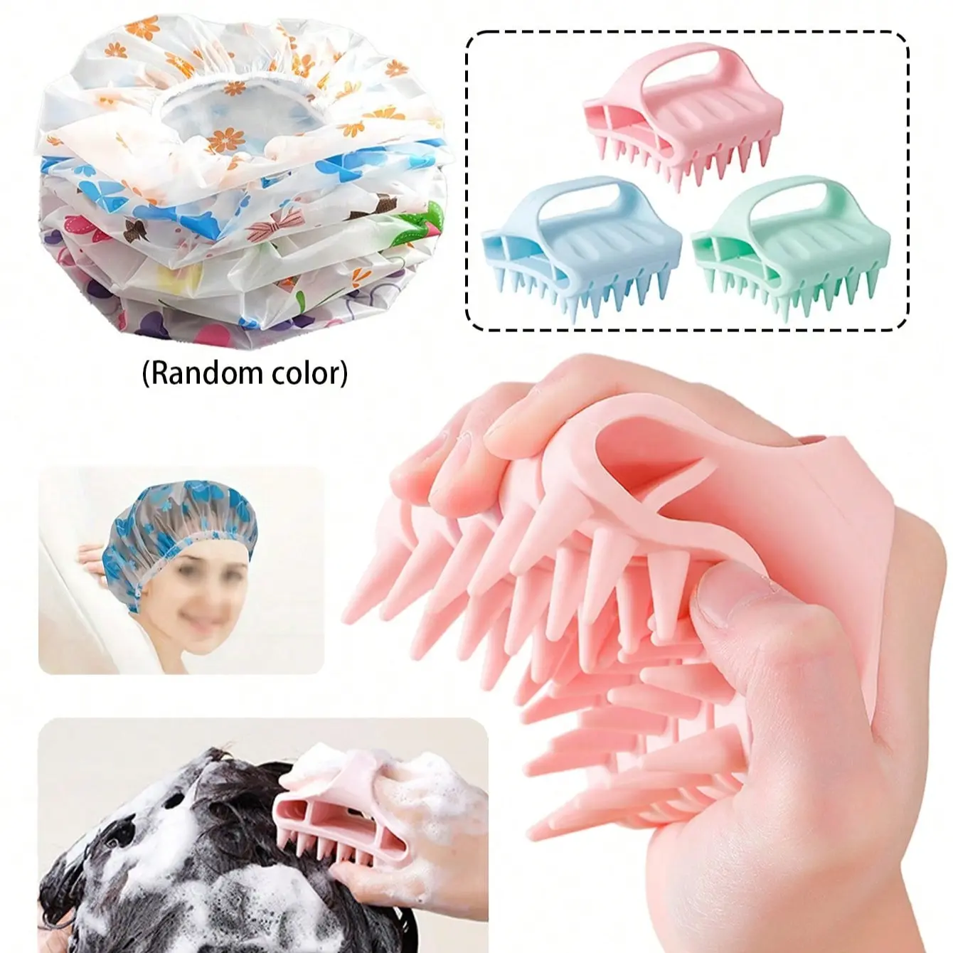Hair Care Set Includes Massage Silicone Scraper Bath Brush & Shower Cap, Scalp Cleaning Shampoo Comb Styling Tool, Dry Wet Use
